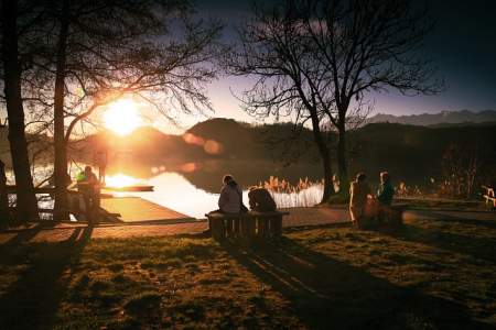 People Relax Sunset Water Benches Park